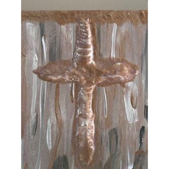 SALE Gold Cross Wood Painting HandPainted Wall Art 5x5 Block Textured White Gold - Picture 4 of 8